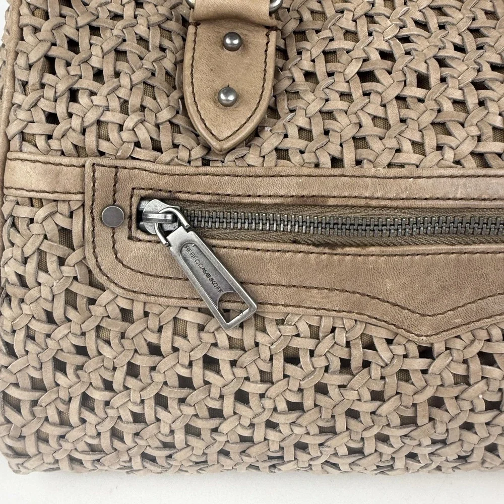 Rebecca‎ Minkoff Satchel Bag Womens Taupe Woven Leather Top Handle Handbag